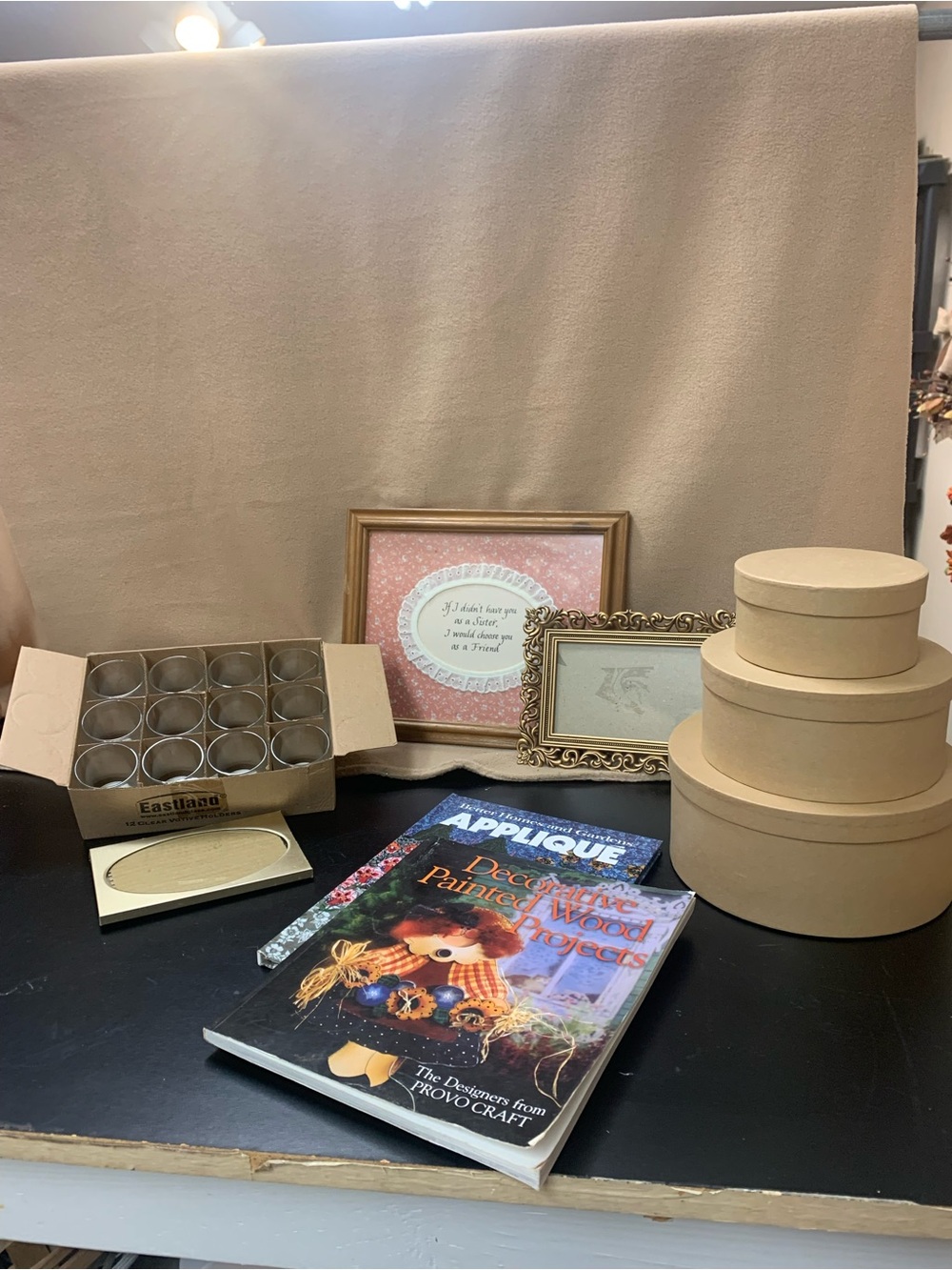 Crafting Books, votives and candles, Sister picture, 3 new boxes.  Inv 548